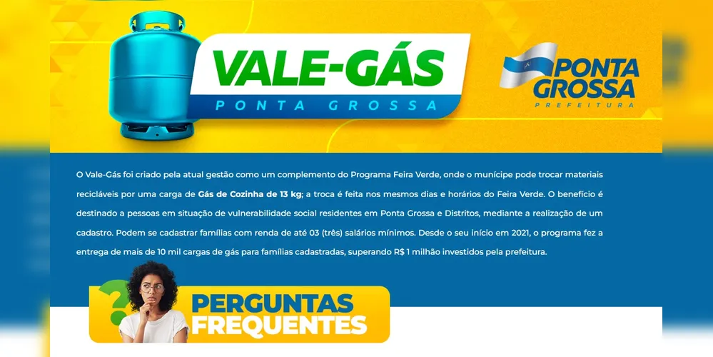 Saiba mais informações sobre o Vale-Gás de Ponta Grossa neste banner.