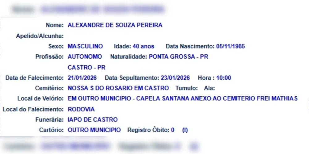 Imagem ilustrativa da imagem Homem que morreu atropelado em Castro será sepultado nesta sexta