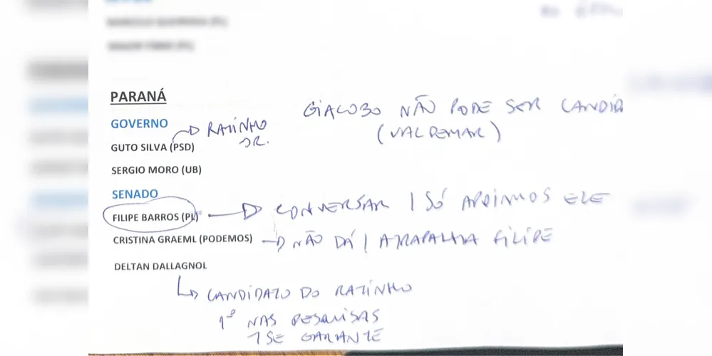 As anotações de Flávio Bolsonaro (PL) sobre as disputas aos governos estaduais e ao Senado no Paraná.