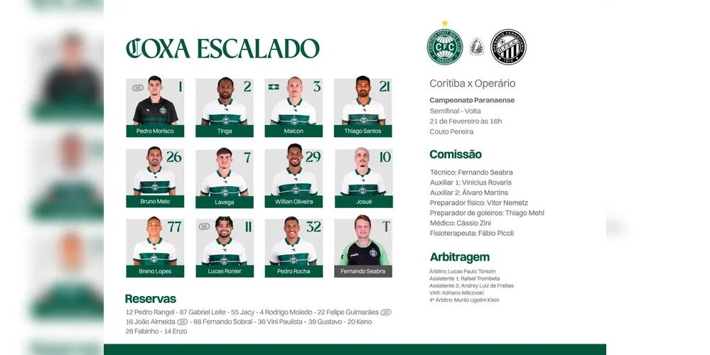A escalação do Coritiba para o jogo deste sábado (21).