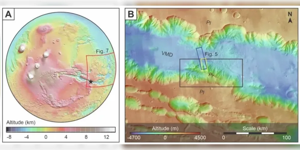 Localização da área de pesquisa em Marte sobre a existência de oceanos no passado