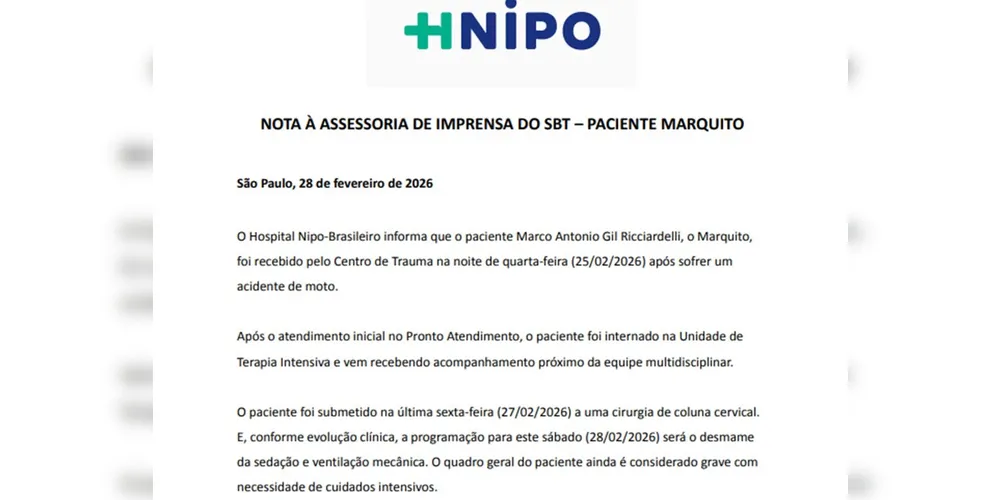 Imagem ilustrativa da imagem Saiba os próximos passos do tratamento de Marquito após cirurgia de 4h