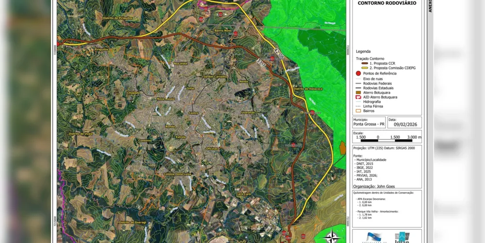 Traçado proposto pelo Conselho de Desenvolvimento de Ponta Grossa, que passa mais longe da cidade