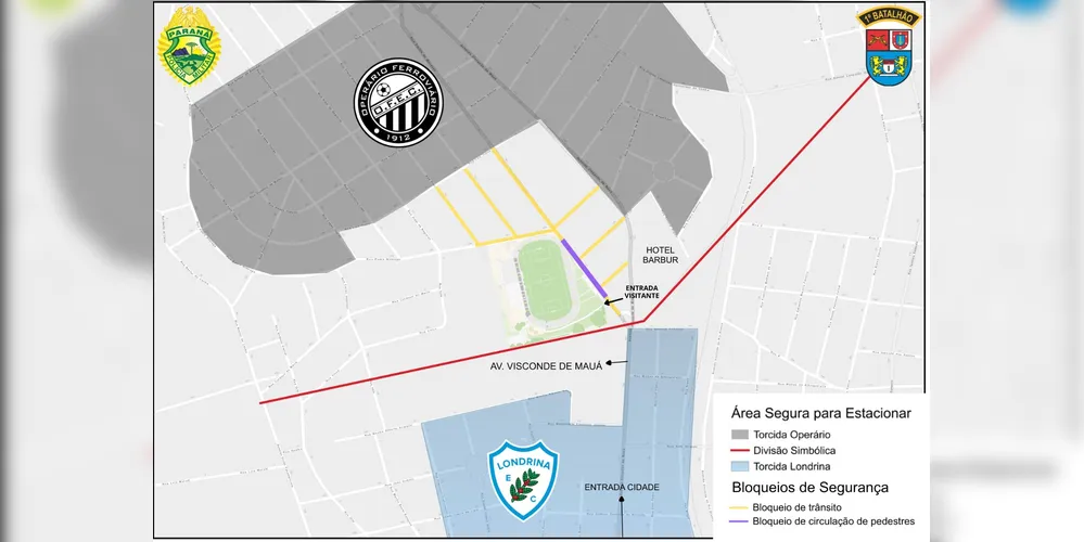 Área de segurança para estacionamento de veículos:

Área cinza: torcida do Operário (acima da Rua Luiz Gama)
Área azul: torcida visitante (acima do Posto Hilgemberg)