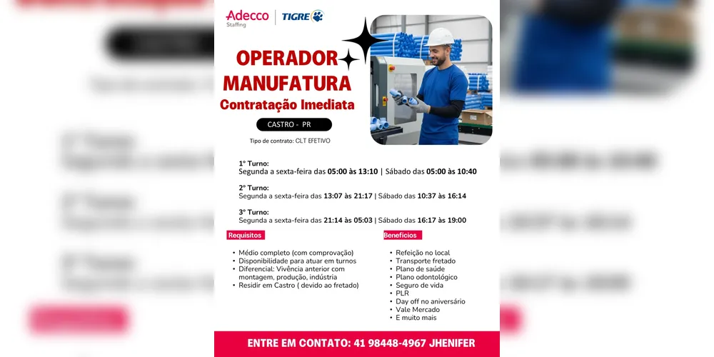 Imagem ilustrativa da imagem Adecco abre vagas para operador de manufatura em unidade da Tigre em Castro