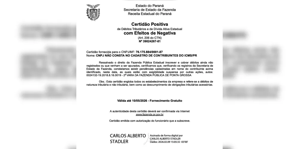 O documento de Certidão Positiva com Efeitos de Negativa de Débitos Tributários e de Dívida Ativa Estadual, emitido pela Prefeitura Municipal de Ponta Grossa.