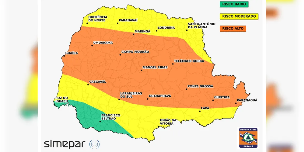 Defesa Civil alerta para risco de tempestades e granizo nesta quarta-feira no Paraná