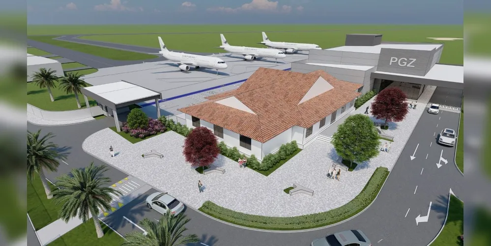 O projeto do Aeroporto de Ponta Grossa apresenta ampliação do pátio de aeronaves, taxiway e estacionamento.