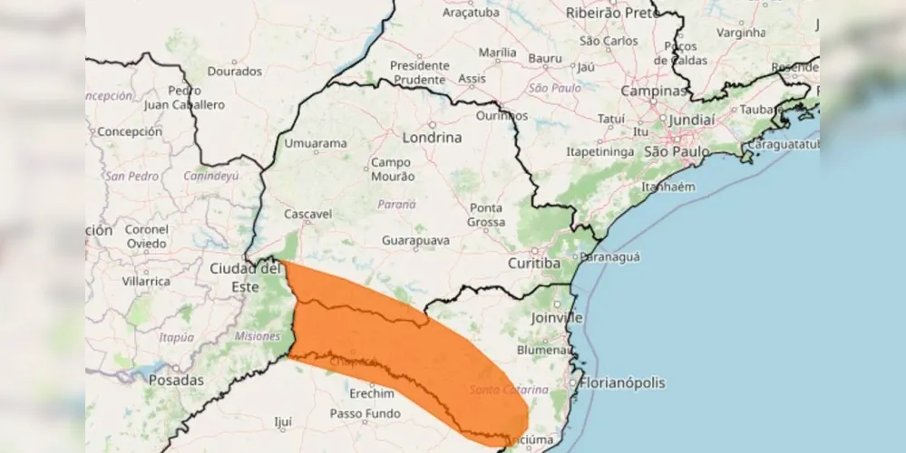 Cidades em alerta ficam na divisa entre o Paraná e Santa Catarina