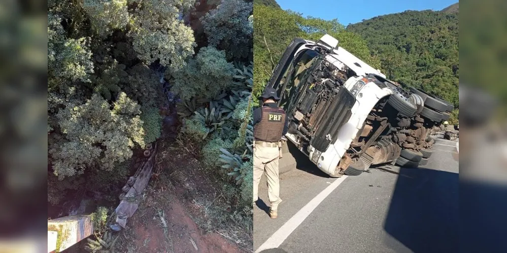 Uma carreta teria “fechado” o caminhão em uma curva, fazendo com que o veículo saísse da pista e caísse de uma altura de cerca de 80 metros