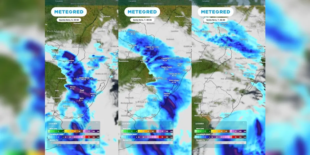 Previsão de nebulosidade e chuva entre a quinta-feira e a sexta feira mostram o desenvolvimento e avanço de uma frente fria pela região Sul, causando pancadas de chuva intensas