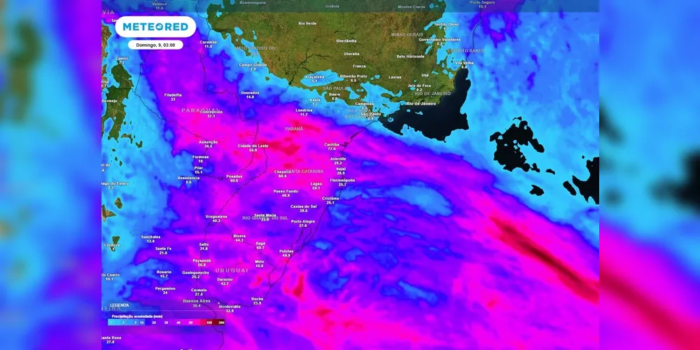 Previsão de acumulados totais de chuva até o final do sábado mostra que há risco de acumulados totais próximos aos 150 mm entre Santa Catarina e Paraná, o que causará transtornos