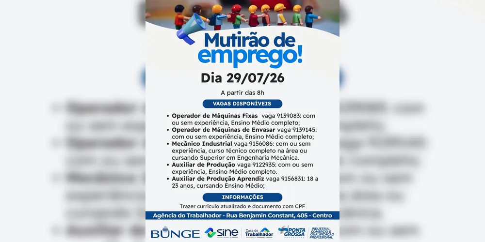 Imagem ilustrativa da imagem Bunge promove mutirão de empregos nesta quarta com cinco funções em PG