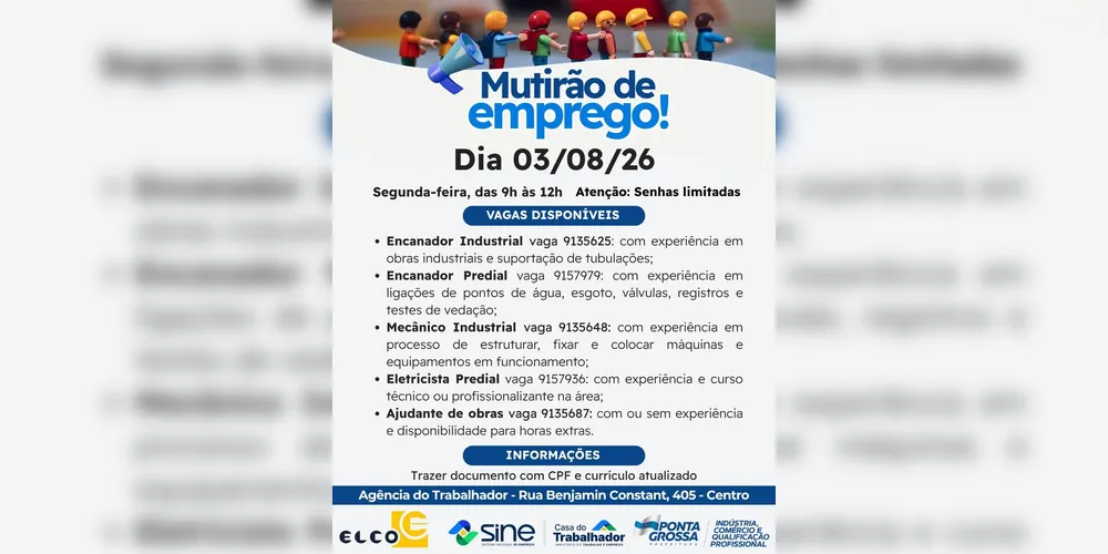Imagem ilustrativa da imagem Agência do Trabalhador promove mutirão nesta segunda para a Elco Engenharia em PG