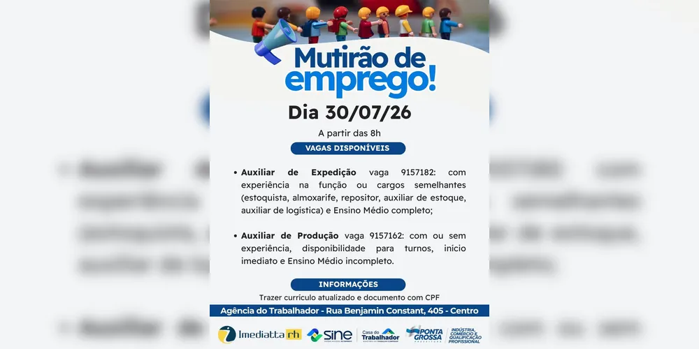 Imagem ilustrativa da imagem Imediatta RH promove mutirão com vagas para expedição e produção nesta quinta em PG
