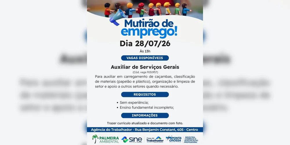 Imagem ilustrativa da imagem Palmeira Ambiental promove mutirão de empregos em Ponta Grossa nesta terça