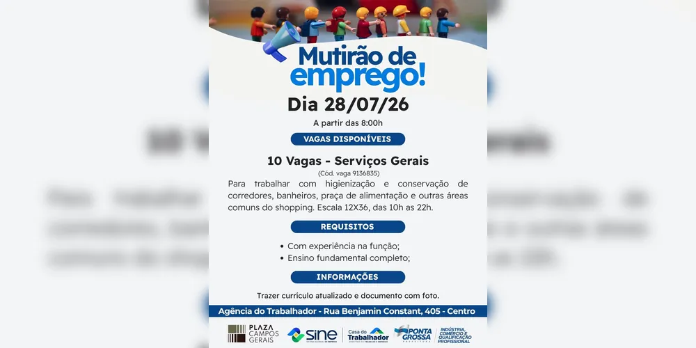 Imagem ilustrativa da imagem Agência do Trabalhador promove mutirão com 10 vagas para o Plaza Campos Gerais