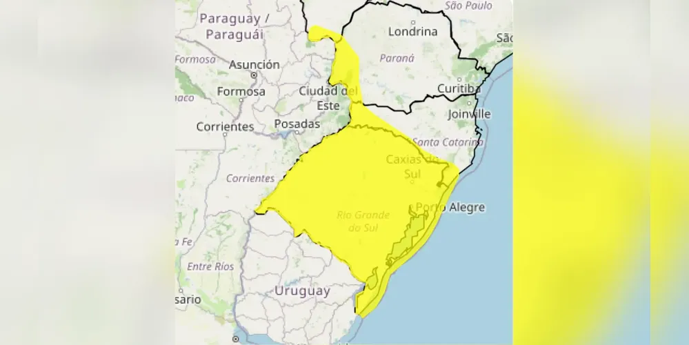 Além da região gaúcha, alguns municípios de Santa Catarina, Paraná e Mato Grosso do Sul também deverão estar atentos ao fenômeno climático