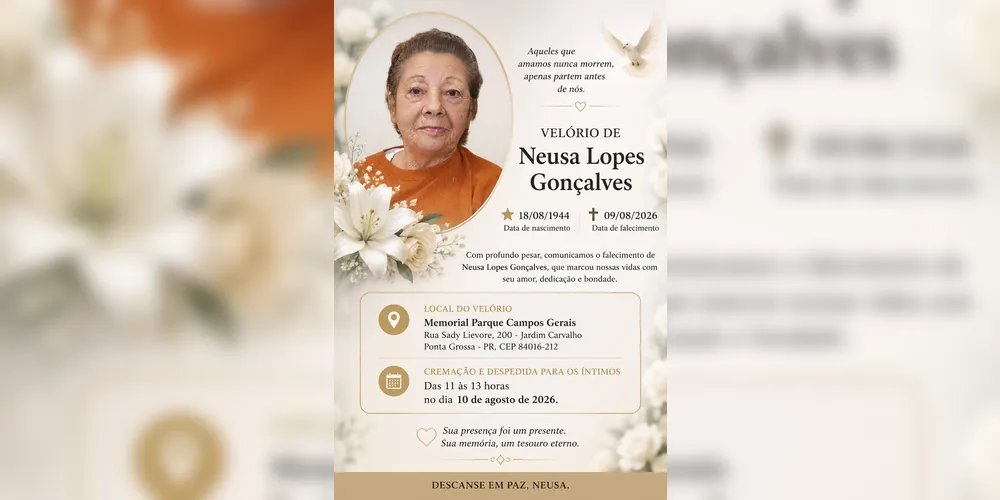 Imagem ilustrativa da imagem Neusa Lopes Gonçalves morre aos 81 anos em Ponta Grossa