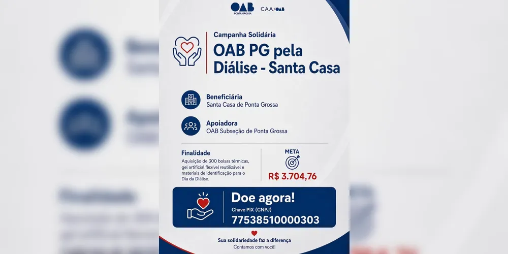 Imagem ilustrativa da imagem OAB de PG promove campanha solidária em apoio à diálise da Santa Casa