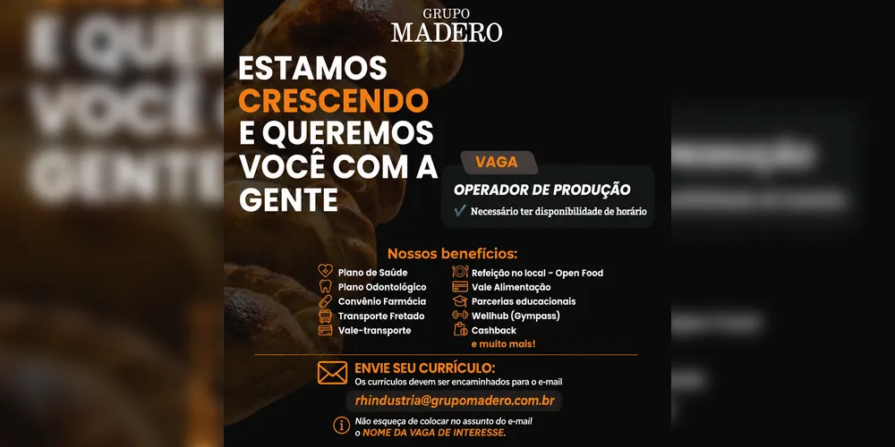 Imagem ilustrativa da imagem Grupo Madero abre vaga para Operador de Produção em Ponta Grossa