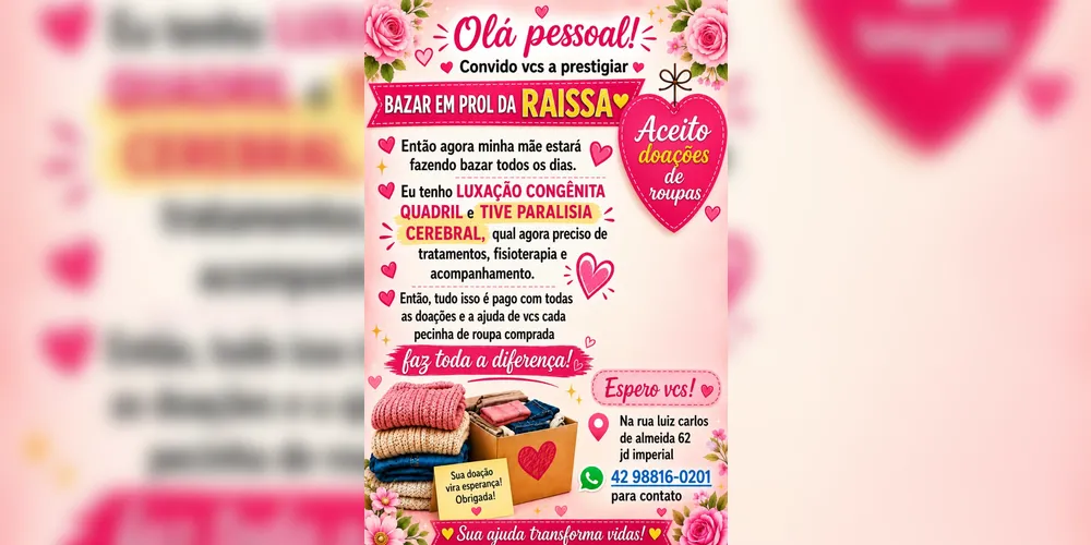 Mãe pede ajuda para manter tratamento da filha e abre bazar em PG