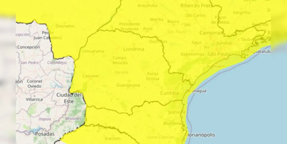 Existe a possibilidade de chuva entre 30 e 50 mm por dia, com ventos intensos que podem chegar a 60 km/h, além de queda de granizo