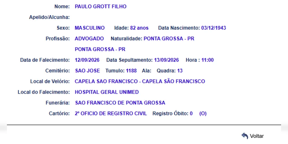 Imagem ilustrativa da imagem Advogado Paulo Grott Filho é sepultado neste domingo em PG
