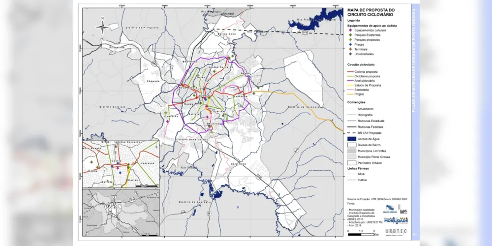 Mapa da malha cicloviária do município, divulgado no Plano de Mobilidade Urbana