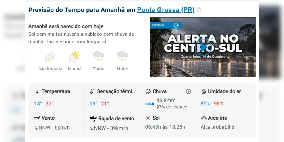 Previsão do tempo para esta quarta-feira (14)