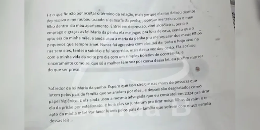Ex-marido escreveu na carta que preferia morrer do que ser preso.
