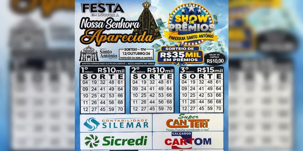 Cartelas podem ser adquiridas pelo telefone (42) 99934-4011 ou durante a Festa