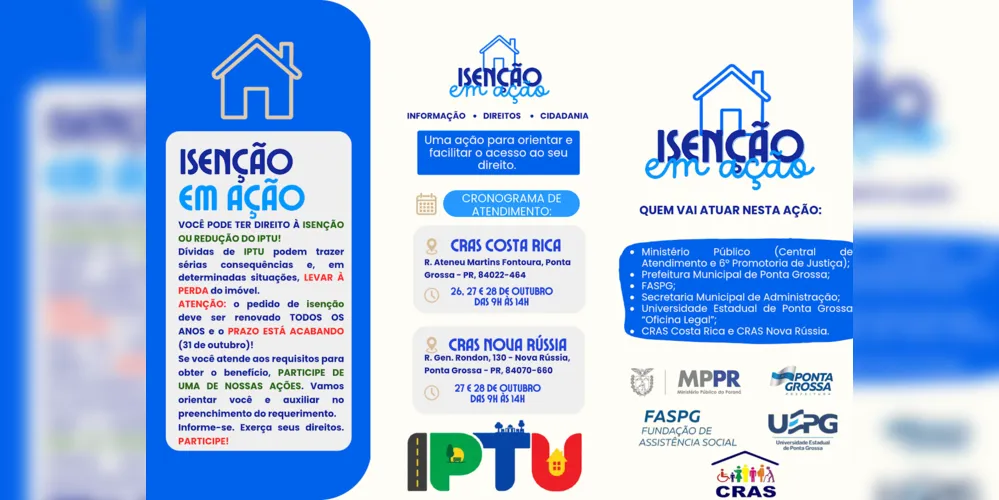 Moradores de Ponta Grossa receberão orientações sobre isenção ou redução do IPTU.