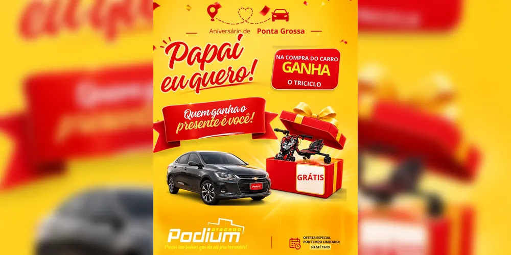Imagem ilustrativa da imagem Papai Eu Quero: Podium comemora aniversário de PG com triciclo elétrico de presente
