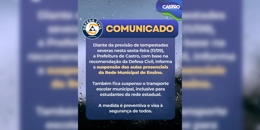 Defesa Civil Municipal recomendou a suspensão por conta da possibilidade de chuva intensa, fortes rajadas de vento, descargas elétricas e granizo