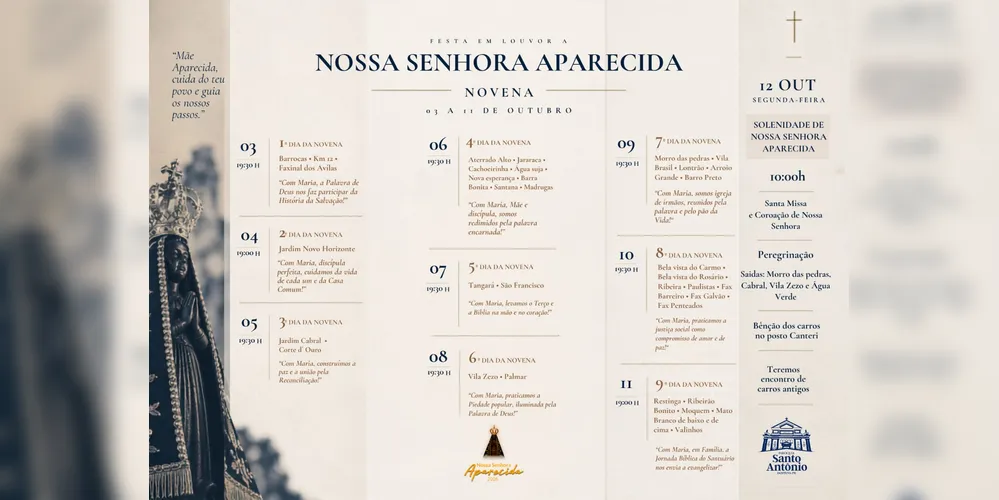Confira a programação completa da Festa em louvor à Nossa Senhora Aparecida