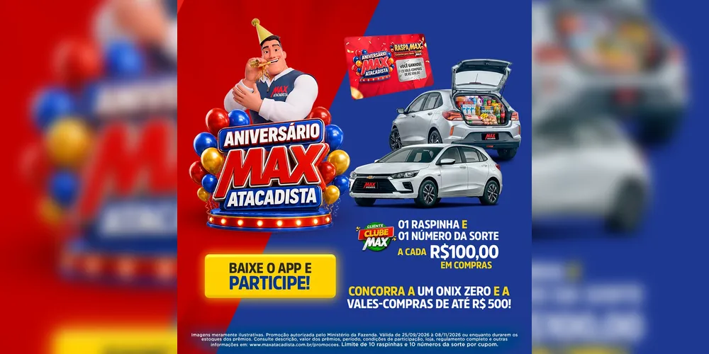 Imagem ilustrativa da imagem Max Atacadista celebra aniversário com sorteio de carros e mais de 12 mil raspinhas premiadas