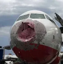 O bico da aeronave ficou completamente destruído pelas pedras de gelo/Foto: Arquivo Pessoal/ olexander scherba‏