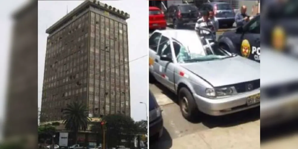 Táxi é visto com teto destruído após homem cair do 18° andar de um prédio em Lima, Peru/Foto: Reprodução