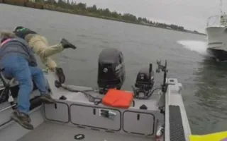 Poucos segundos antes de uma lancha em alta velocidade atingir um barco, os ocupantes destes se jogaram no rio/Foto: Reprodução/Salmon Trout Steelheader