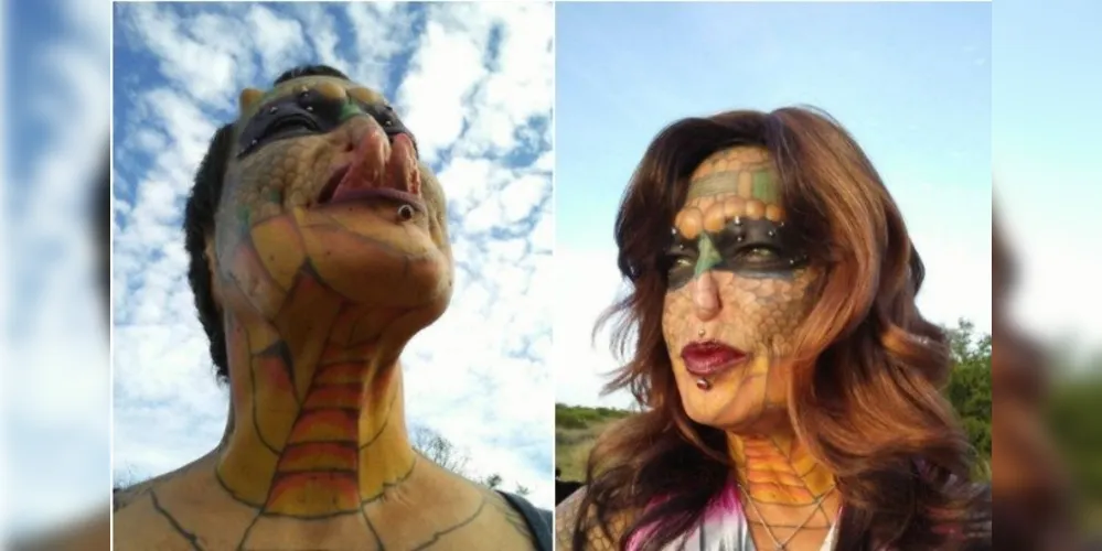 Mulher réptil transgênero posa com suas tatuagens, piercings e de peruca/Foto: Reprodução Instagram/tiamatdragonlady