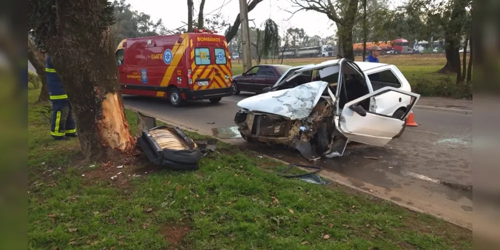 Veículo ficou destruído após colisão com árvores na Visconde de Mauá