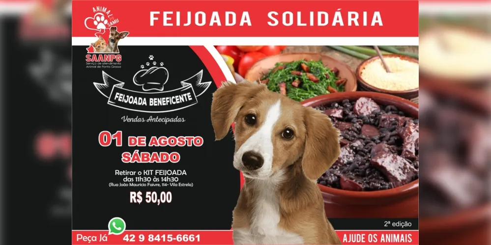A ONG Serviço de Atendimento Animal de Ponta Grossa (SAANPG), está promovendo a venda de kits de feijoada, que serão entregues no dia 01 de agosto.