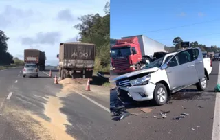 Segundo informações preliminares, uma Hilux, placas Londrina, acertou a traseira de um caminhão, placas de Campo Grande-MS