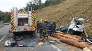 Veículo da Prefeitura Municipal de Ortigueira, que seguia para Ponta Grossa, acabou atingido por toras de madeira