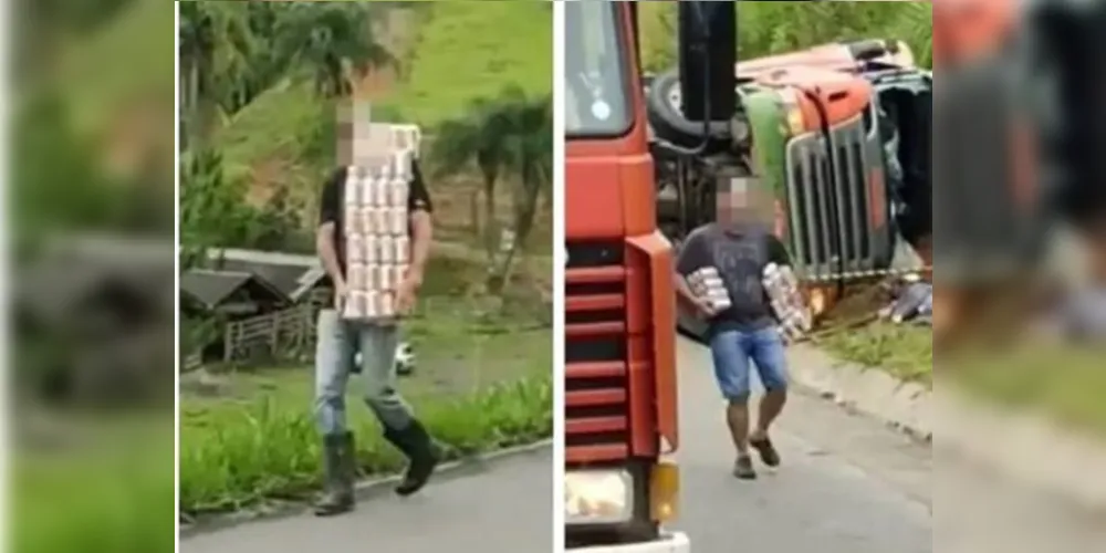 Imagens compartilhadas nas redes sociais mostram homens e mulheres levando caixas de cervejas pela rodovia federal