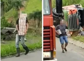 Imagens compartilhadas nas redes sociais mostram homens e mulheres levando caixas de cervejas pela rodovia federal