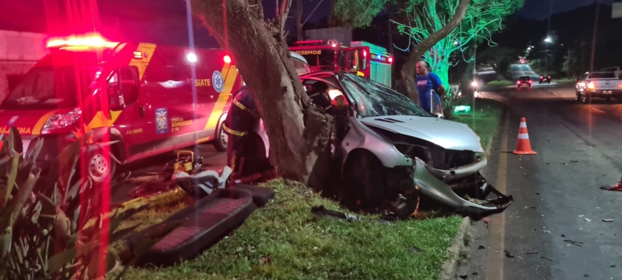 O carro que a mulher grávida estava foi parar no canteiro central após a batida