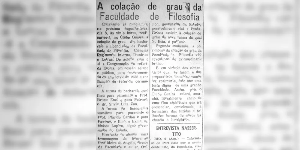 Notícia publicada no JM em 07 de dezembro de 1958 destaca a Colação de Grau da FAFI.