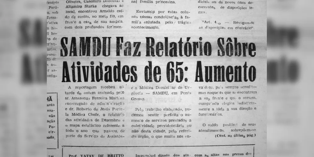 Publicada no início de 1966, a nota da conta da atuação do SAMDU em Ponta Grossa no ano anterior. JM em 06 de janeiro de 1966